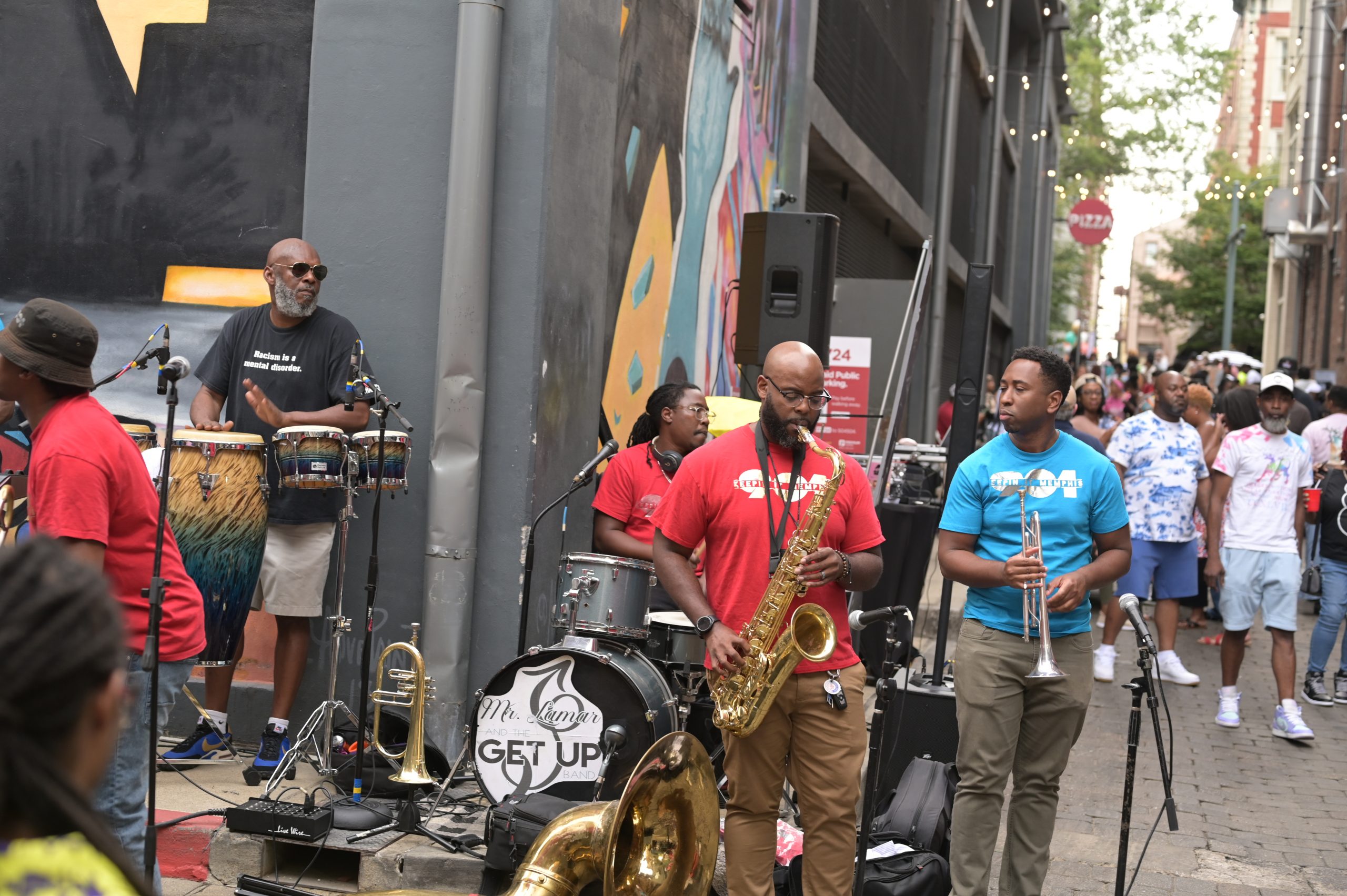 Musicians performing at a community street festival